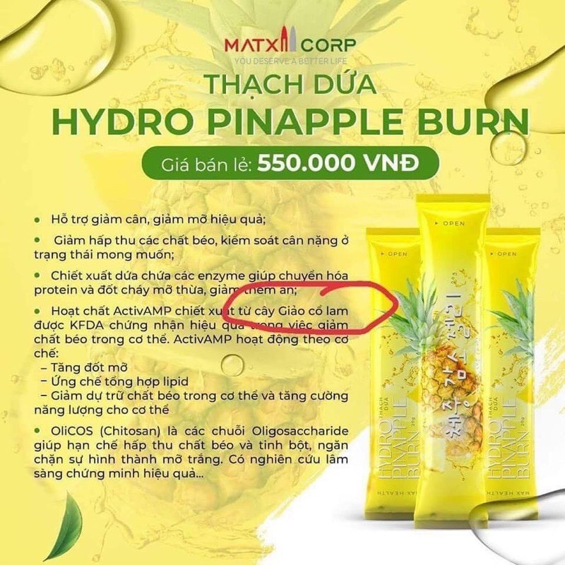 THẠCH DỨA GIẢM CÂN MATXICORP, chính hãng, hộp 10gói (buôn sỉ)