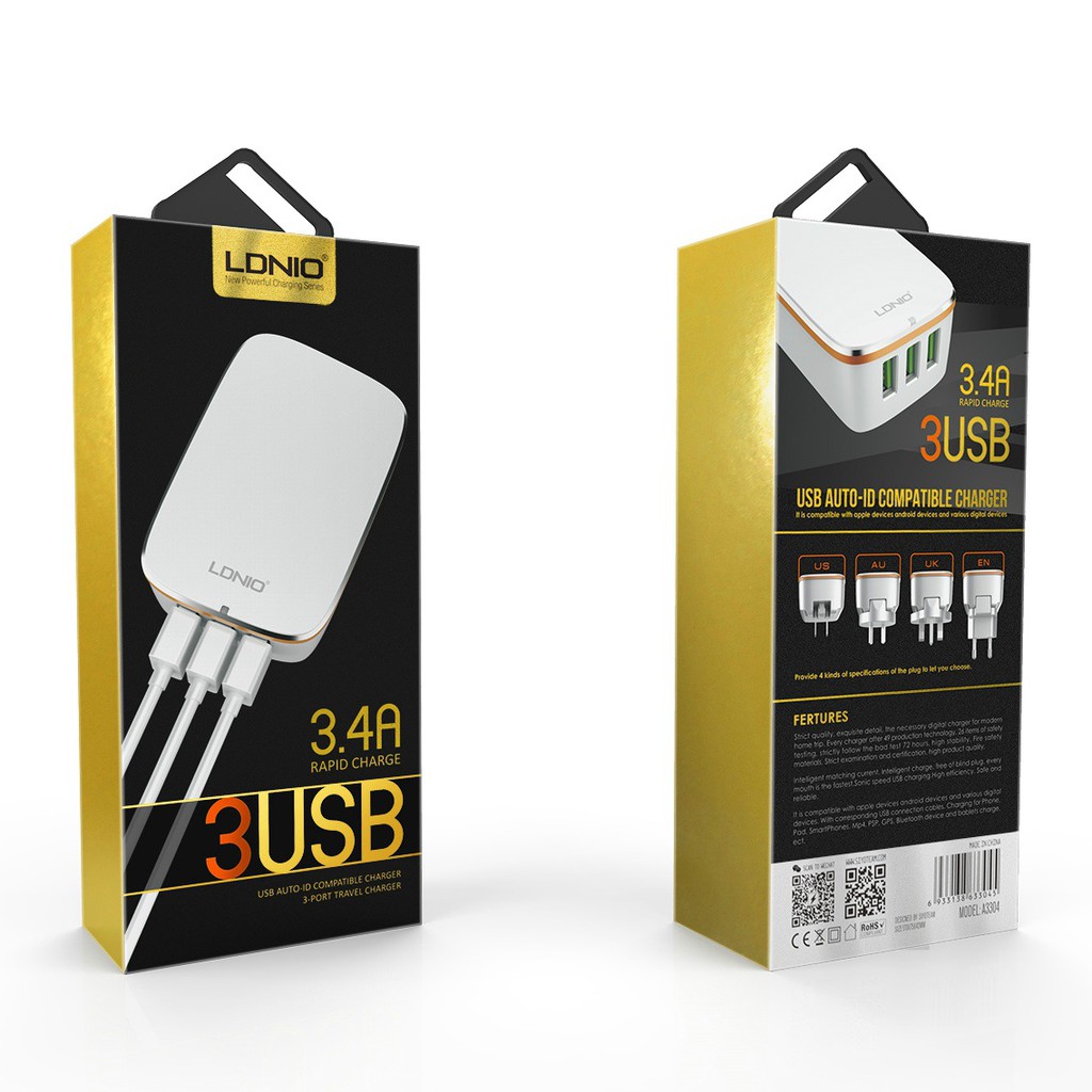 Củ sạc điện thoại 3 cổng USB Chính hãng LDNIO  - Củ sạc nhanh nhỏ gọn phù hợp bỏ túi, du lịch , dã ngoại