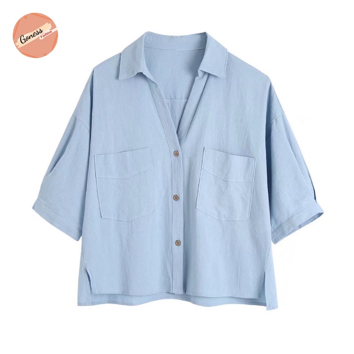 Áo sơ mi nữ cổ V Goness tay lỡ form suông nhiều màu sơmi cộc thời trang công sở đi học