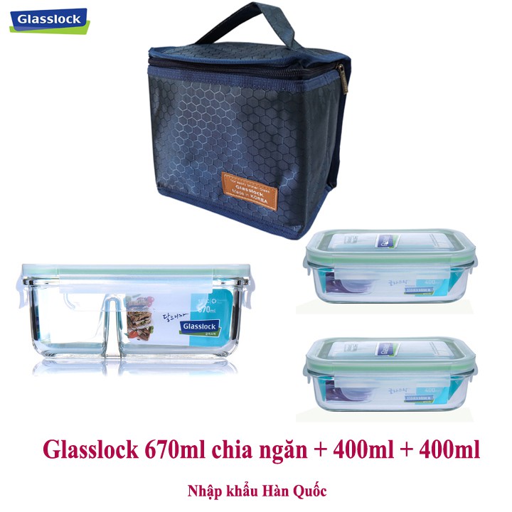 Bộ hộp cơm thủy tinh cường lực Glasslock 670ml chia ngăn + 2 hộp 400ml kèm túi giữ nhiệt