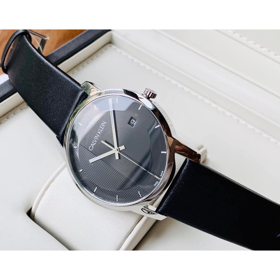 Đồng hồ kim nam dây da đen lịch lãm Calvin Klein Thụy Sỹ K2G2G1C1