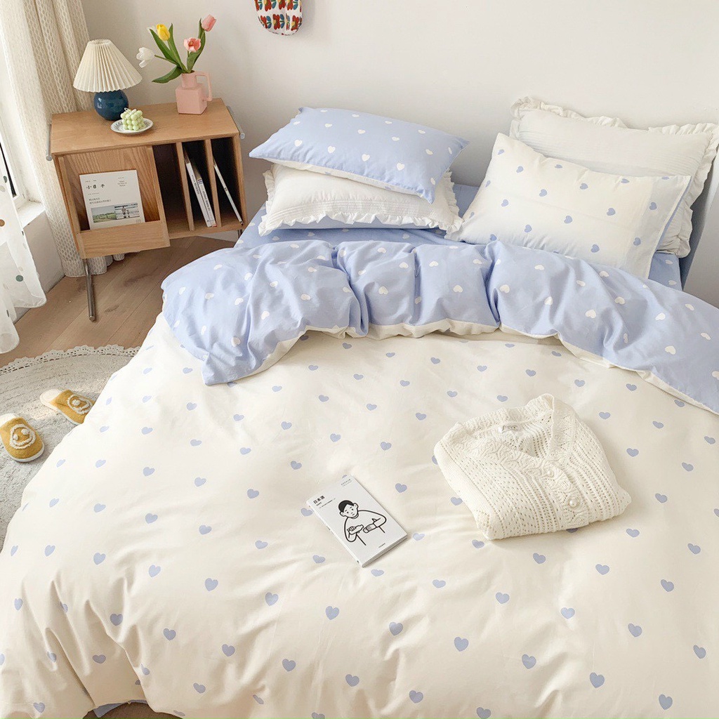 Bộ chăn ga gối cotton poly dùng 2 mặt Lidaco decor phòng ngủ vintage - Tim xanh trắng (SP001452)