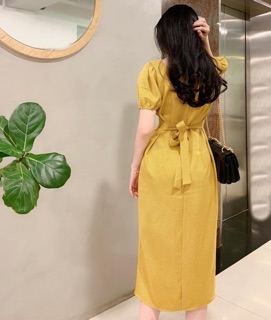 Đầm váy caro cổ vuông cột nơ