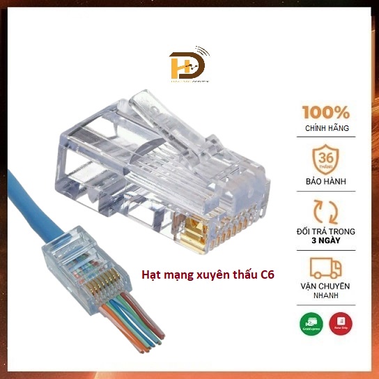 Đầu bấm ,Hạt mạng Cat6 xuyên thấu chuẩn RJ45 8P Hàng cao cấp đóng gói túi 100 chiếc.