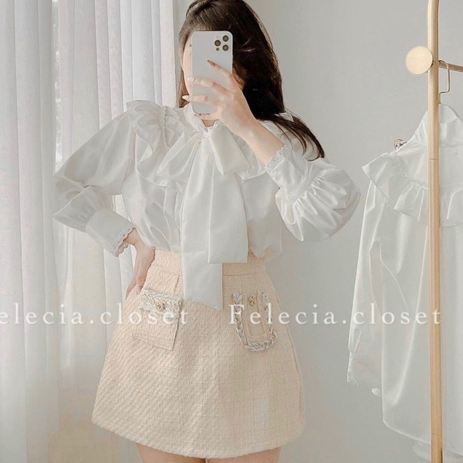 Áo Sơ Mi Trắng Cổ Nơ tiểu thư cá tính Freesize