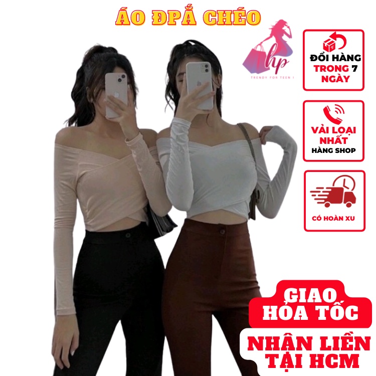 áo croptop kiểu nữ ôm body đắp chéo tay dài màu trắng đen thun gân hàn quốc tôn dáng thời trang A149