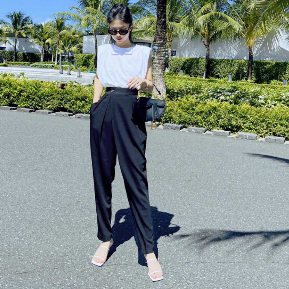 Quần baggy nữ công sở vạt chéo cạp cao hàng thiết kế thanh lịch tôn dáng BOHEE Q60