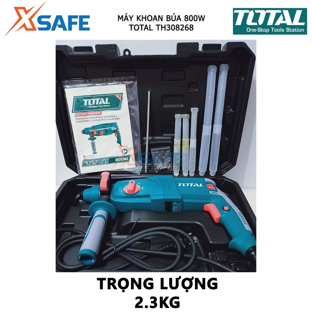 Máy khoan bê tông cầm tay TOTAL TH308268 công suất 800W, lực đập 2.5J, kèm 3 mũi khoan bê tông, 2 mũi đục - xsafe