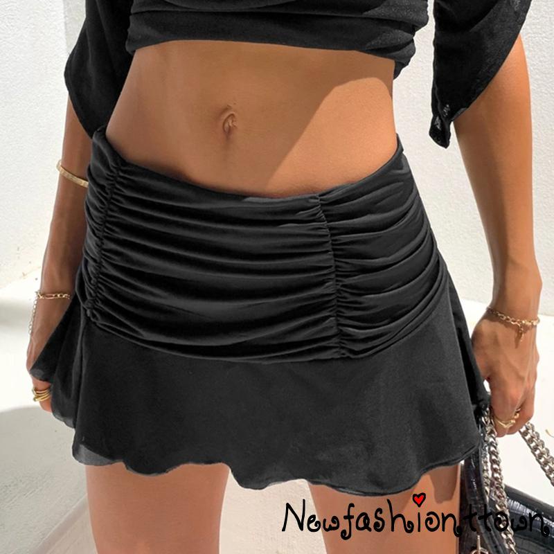 Chân váy ngắn xếp ly lưng thun màu trơn màu trắng/đen/cam cho nữ