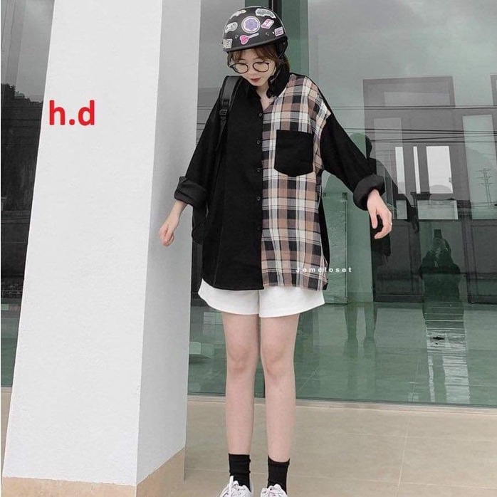 Áo sơ mi phối kẻ túi ngực nữ - Áo dài tay form rộng, dáng suông, khuy cài, thiết kế đơn giản, bắt mắt HOT
