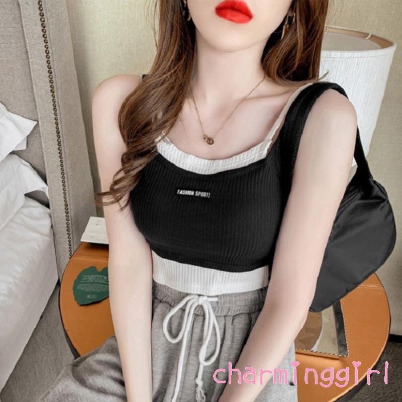 Áo Hai Dây Cổ Chữ U Giả Hai Mảnh Màu Sắc Thời Trang Mùa Hè Cho Nữ