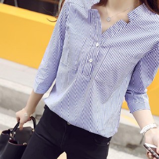 Áo sơ mi kẻ tăm xanh cổ 3 phân, tay lỡ