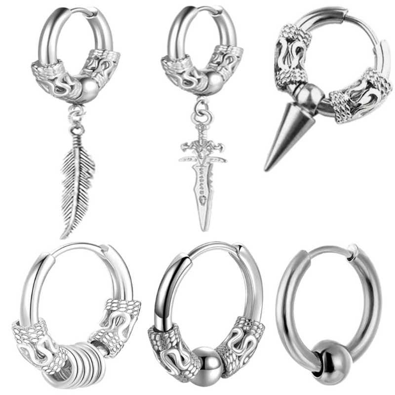Set 6 Khuyên Tai Tròn Bằng Thép Không Gỉ Họa Tiết Rồng Phong Cách Viking