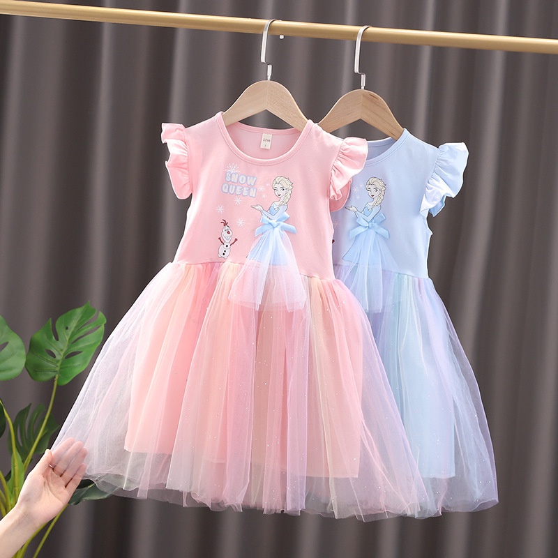 Đầm Công Chúa Frozen Elsa Mùa Hè Bằng Vải Cotton Tay Cộc Dễ Thương Váy Cho Bé Gái 1-8 Tuổi