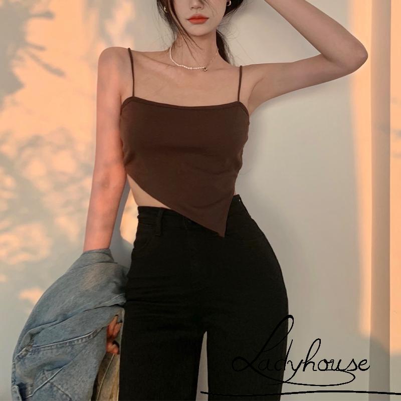 Áo hai dây ngắn màu trơn có đệm ngực màu trắng/đen sành điệu thời trang mùa hè