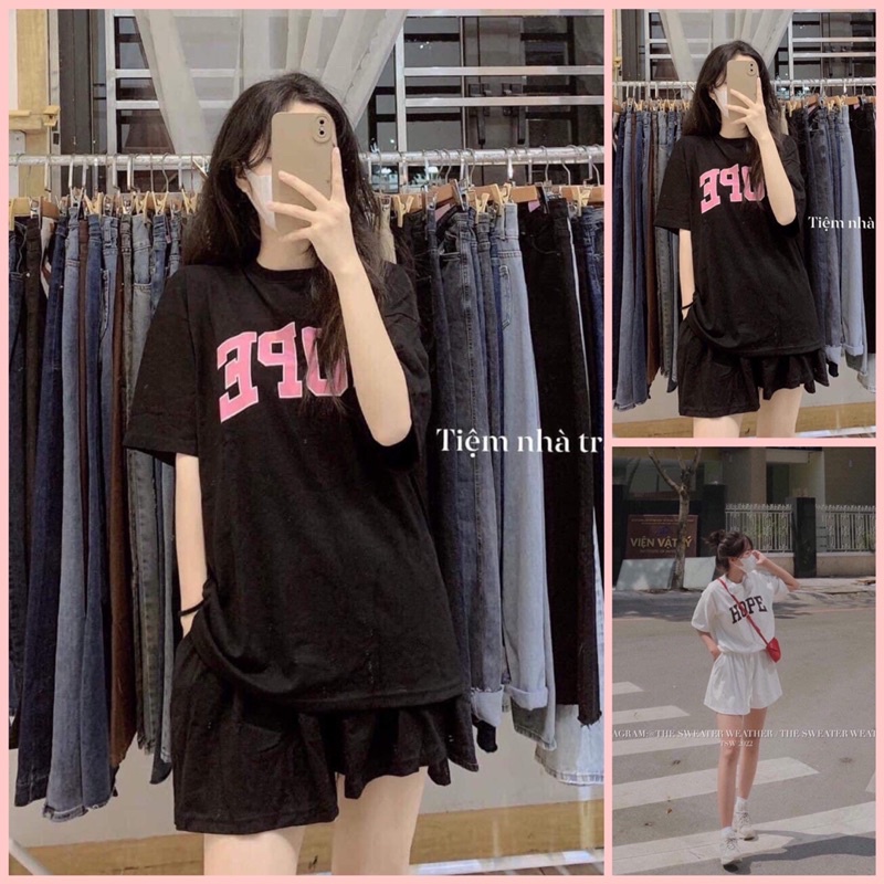 Sét Đồ bộ HOPE nam nữ  unisex form thụng giá rẻ áo phông chất cotton mềm mịn mix quần đùi ngố trơn đen