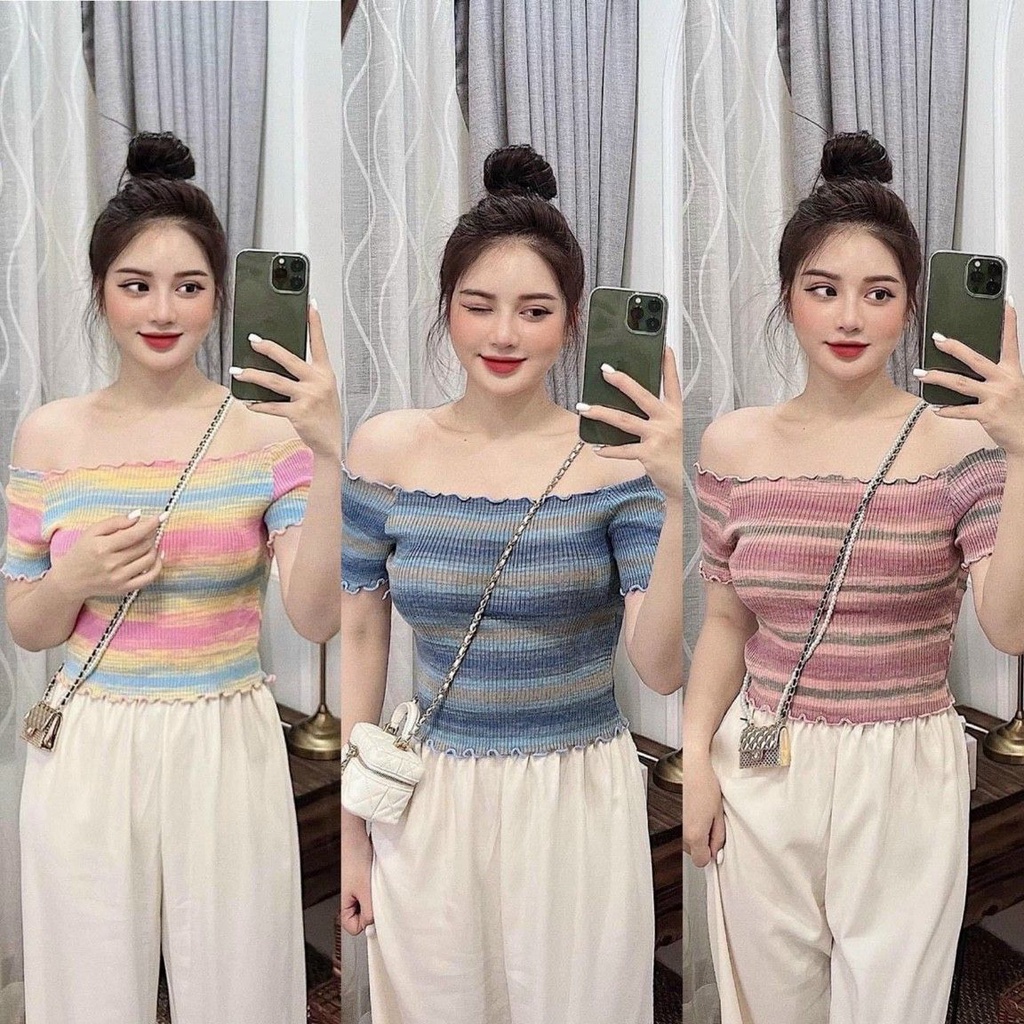 Áo len montoghi mỏng trễ vai, co giãn, cổ thuyền, viền bèo