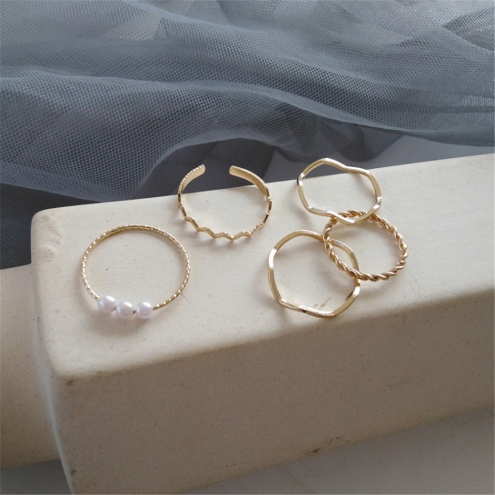 【COD】Set 5 nhẫn nhiều lớp đính ngọc trai thời trang cho nữ