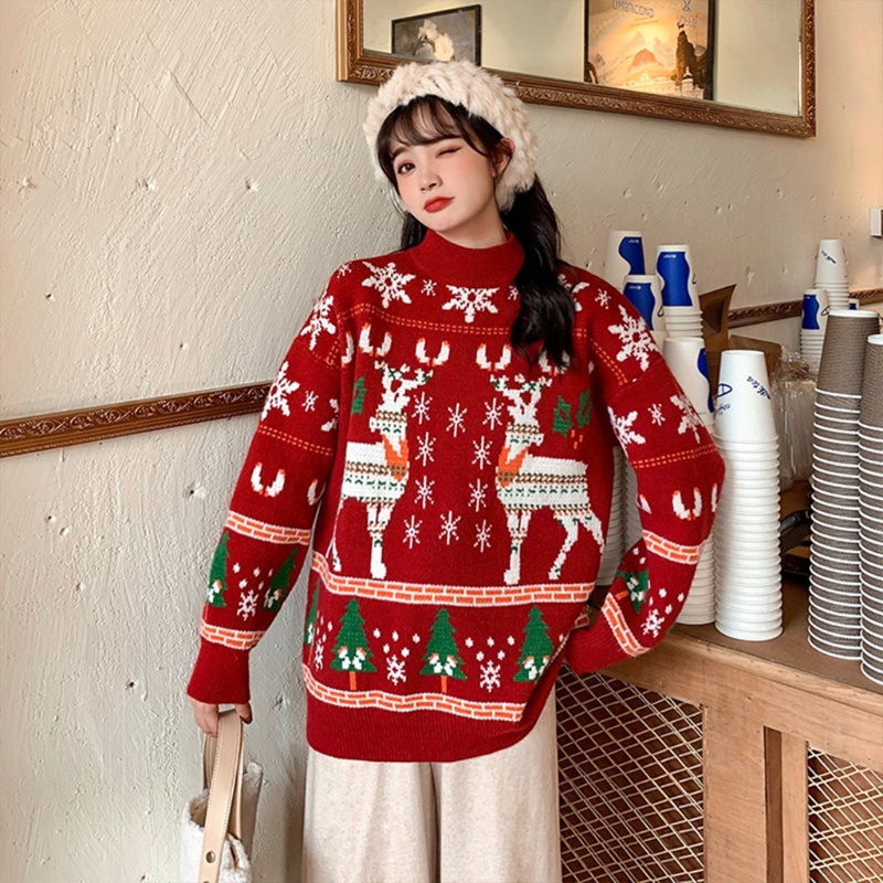 Áo Sweater Dệt Kim Cổ Lọ Tay Dài Dáng Rộng In Họa Tiết Tuần Lộc Giáng Sinh Thời Trang Mùa Đông Cho Nữ
