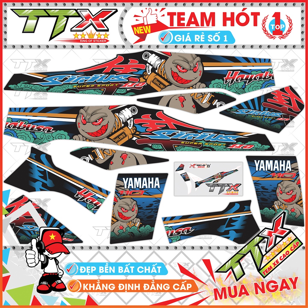 Tem rời sirius hayabusa , Team chế sirius dán xe màu xanh nền đen siêu đẹp , Shop TTX Tem xe sirius mã