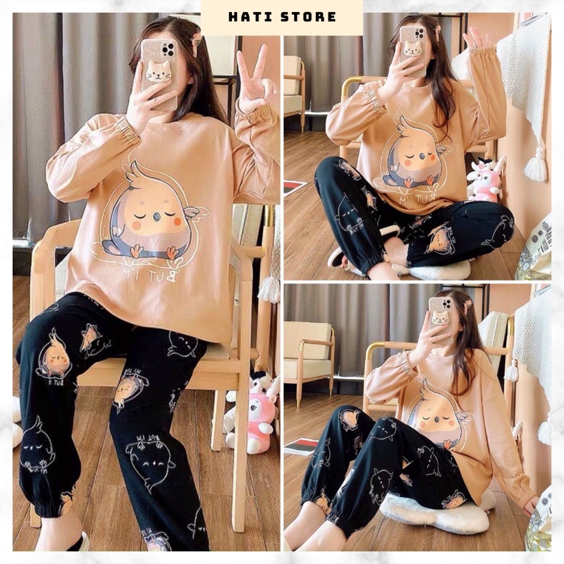 Set quần dài áo thun in hình bé gà, Set bộ đồ nữ tay dài mặc nhà NA55