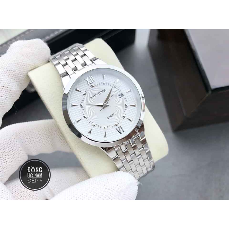 đồng hồ nam Baishuns BS05 mặt trắng chống nước chống xước,tặng kèm vòng tì hưu