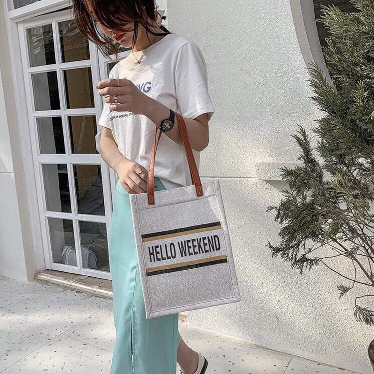 Túi Tote vải bố đi biển - In chữ Hello Weekend và Họa tiết Trống Đồng (Mẫu mới Hot)