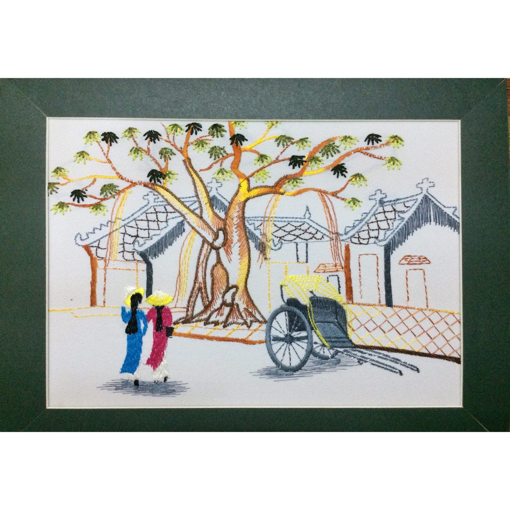 Tranh thêu tay đã hoàn thiện- Phố cổ xích lô 20x25cm- PC002