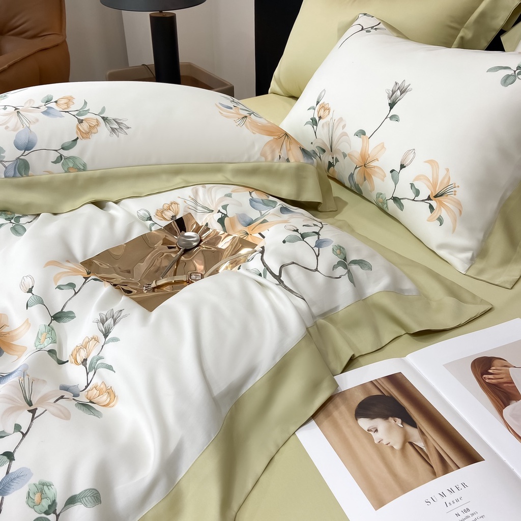 Bộ chăn ga gối cao cấp 100%Tencel 80s, Họa tiết Hoa ly in kỹ thuật số, Chất liệu siêu mềm mát mịn