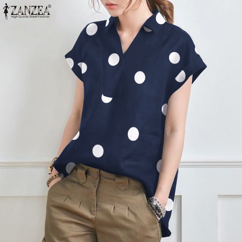 Áo sơ mi ZANZEA tay ngắn cổ bẻ họa tiết chấm bi phong cách Vintage dành cho nữ