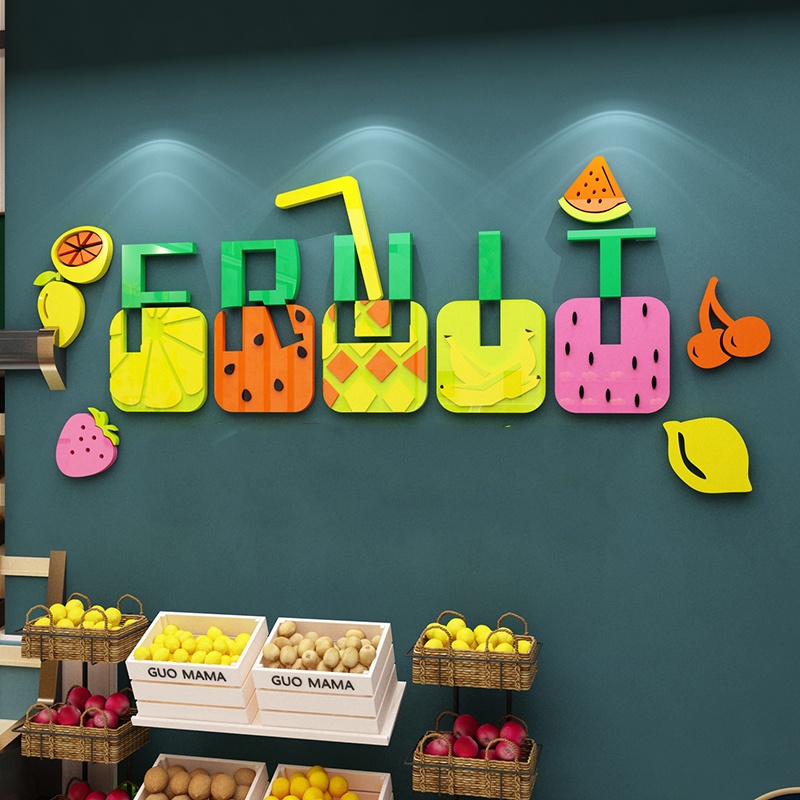 Tranh mica dán tường - Trang trí cửa hàng bán các loại trái cây, hoa quả trang trí quán nước, địa điểm kinh doanh
