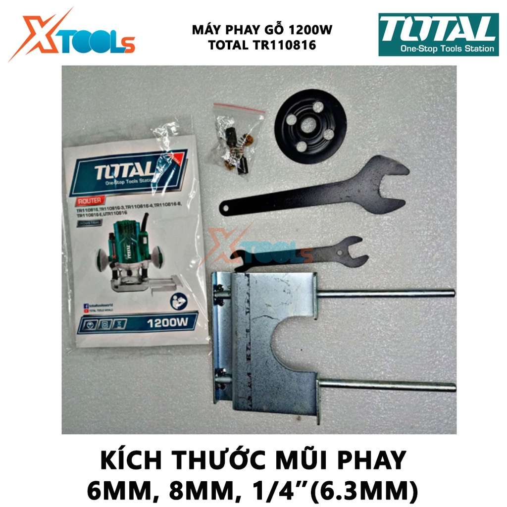 Máy phay gỗ Total TR110816 Máy soi gỗ cầm tayCông suất: 1200W Tốc độ không tải: 26000rpm Kích thước mũi : 6mm, 8mm, 1/4&quot;