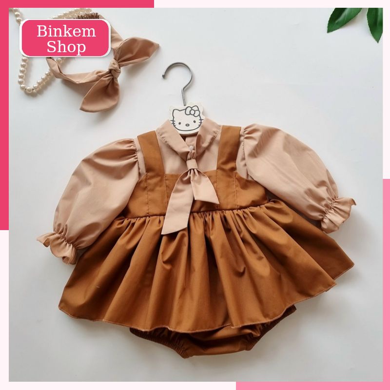 Váy Bé Gái Sơ Sinh, Body Đầy Tháng Cho Bé Gái Màu Nâu Tây 0 12 Tháng Tặng Kèm Turban