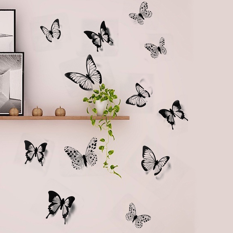 Set 12/24 Miếng Dán Tường Hình Bướm 3D Màu Trắng Đen Nhiều Kích Thước Trang Trí Nhà Cửa