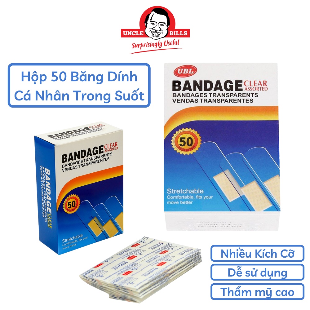 Hộp 50 băng cá nhân trong suốt nhiều kích cỡ Uncle Bills AG0365 loại trong suốt, băng dán vết thương cá nhân trong suốt