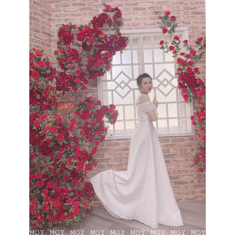 Váy bệt vai voan xòe phi nơ đan lưng - Váy đi bàn đơn giản-H318