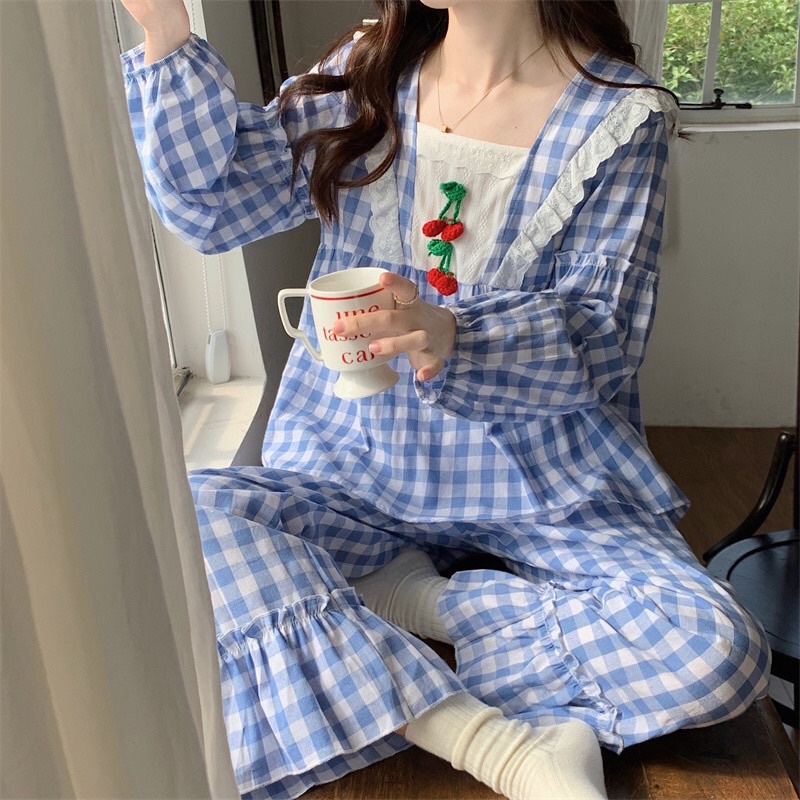 Đồ Bộ Nữ Mặc Nhà Tiểu Thư Caro tay phồng phối ren Quảng Châu ULZZANG