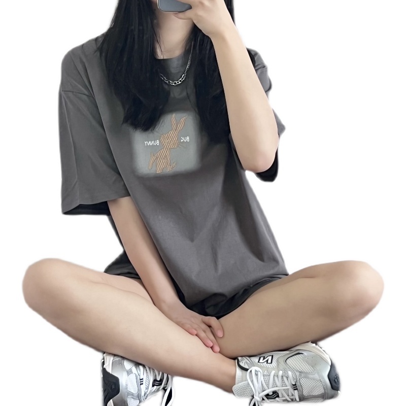 Áo thun ZHELIHANGFEI từ cotton ngắn tay dáng rộng in họa tiết hoạt hình xinh xắn