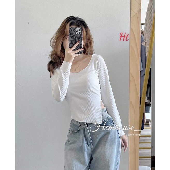 Áo thun xẻ tà vạt chéo dài tay H2A966