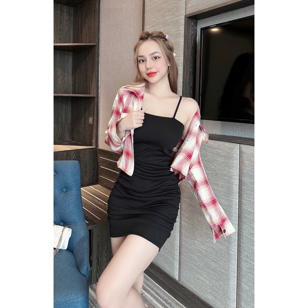 Sêt đầm mix somi caro tay dài