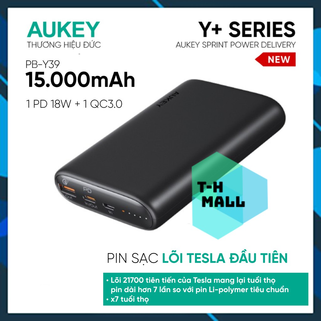 Pin sạc dự phòng Aukey PB-Y39 15.000 mAh Lõi Tesla, Sạc Nhanh QC 3.0 Và PD 18W, Đèn Báo Sạc Nhanh