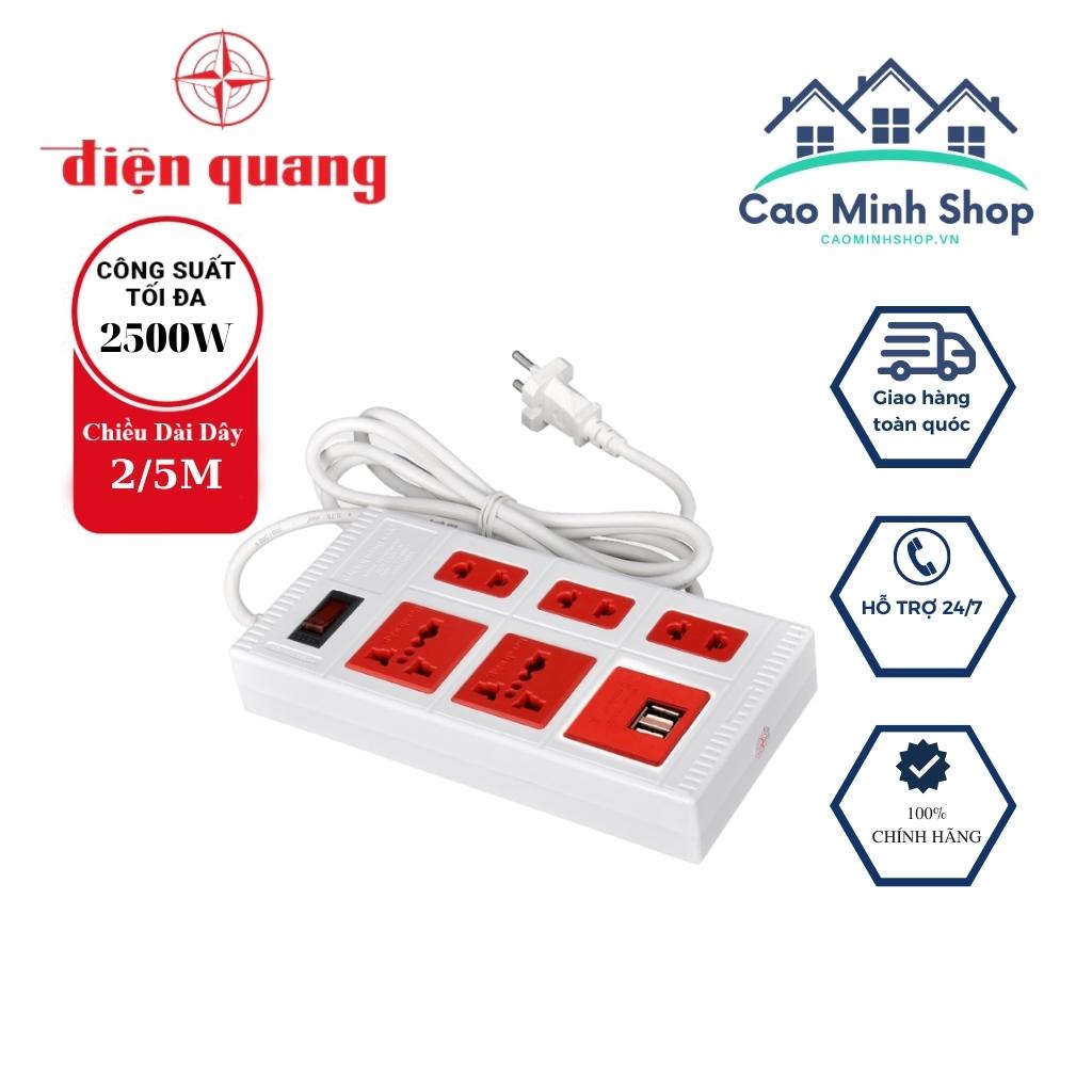 Ổ cắm Điện Quang 5 lỗ đa năng, 2 cổng USB liền dây dài 2m, 5m chính hãng - Cao Minh Shop