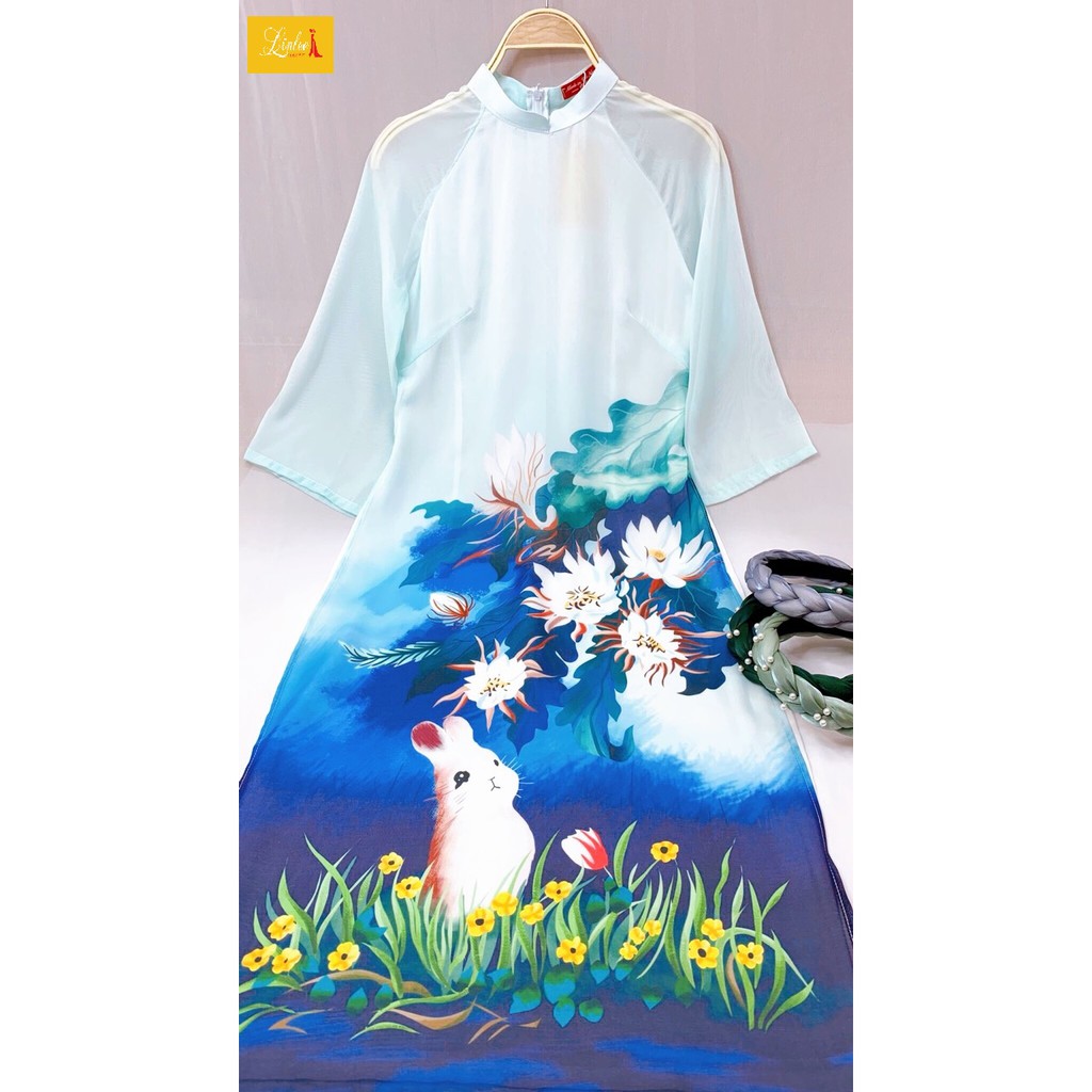 Áo dài cách tân Linlee, Áo dài tơ óng xanh in hoa đặc sắc, Áo dài hoa sen 4 tà cao cấp hàng VNXK