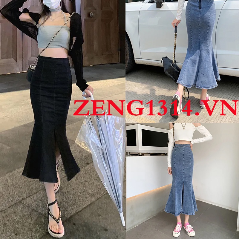 Chân váy đuôi cá dáng chữ A lưng cao chất liệu denim thời trang mới cho nữ