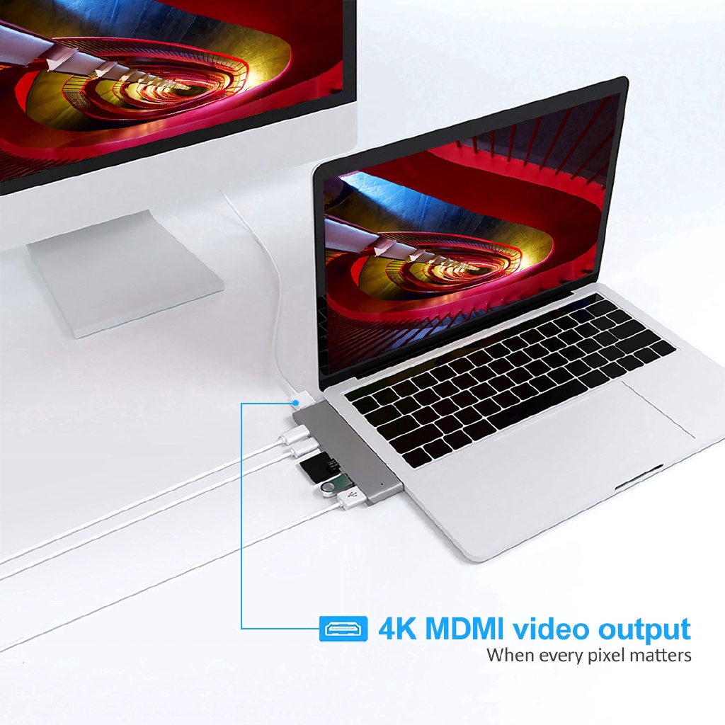 7 trong 1 USB C Hub USB 3.1 Loại C Dock Adapter 4K Đầu đọc thẻ HDMI Untuk MacBook Pro