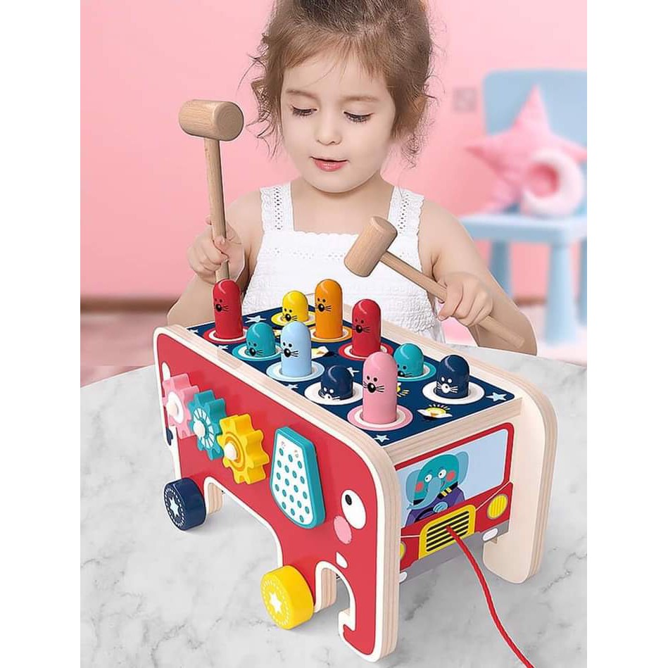 ĐỒ CHƠI GỖ 3 TRONG 1 ĐẬP CHUỘT KÈM ĐÀN KẾT HỢP XOAY BÁNH RĂNG CHO BÉ THÔNG MINH -  TRÍ TUỆ