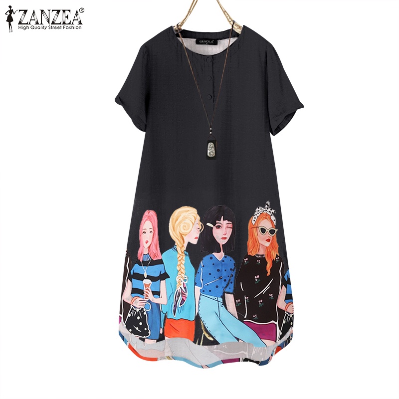 Đầm tay ngắn ZANZEA cổ tròn in họa tiết phong cách cổ điển thời trang cho nữ