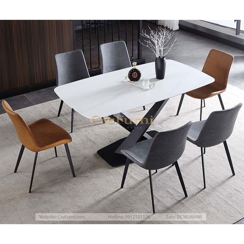 BÀN ĂN MẶT ĐÁ CERAMIC KẾT HỢP CHÂN THÉP SƠN TĨNH ĐIỆN CHỮ X CÁCH ĐIỆU (2 MÀU ĐEN, TRẮNG) | BigBuy360 - bigbuy360.vn