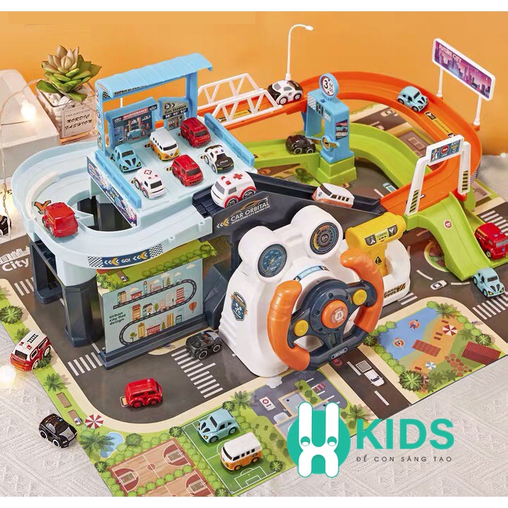 Đồ chơi đua xe ô tô kèm vô lăng phát nhạc cỡ lớn kết hợp bãi đỗ xe oto có thang cuốn chạy tự đông cho bé