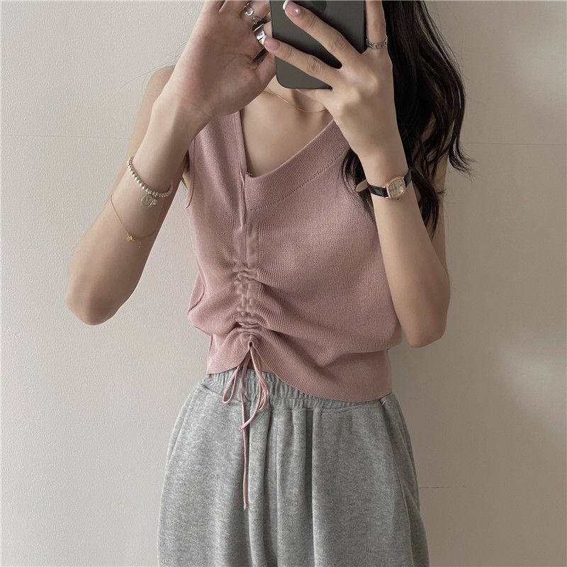 Áo kiểu IELGY không tay phối dây rút dệt kim cá tính thời trang dành cho nữ